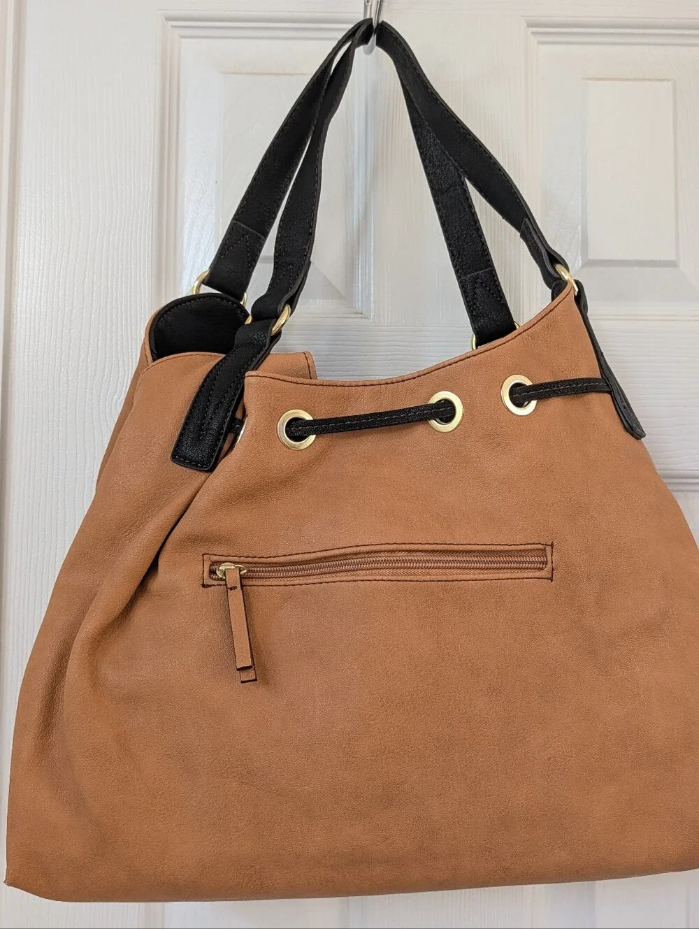 Liz Claiborne Tan with Black Trim Drawstring Tassel Shoulder Bag